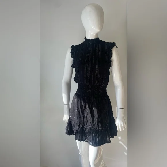 Elan Black Metallic Stripe Ruffle Mini Dress Smocked Waist Size M - Picture 2 of 8